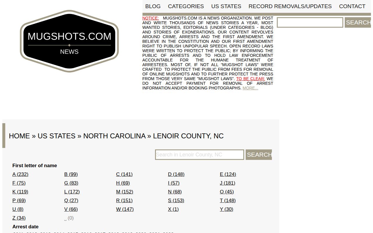 Unofficial Mugshots.com Lenoir County index reference