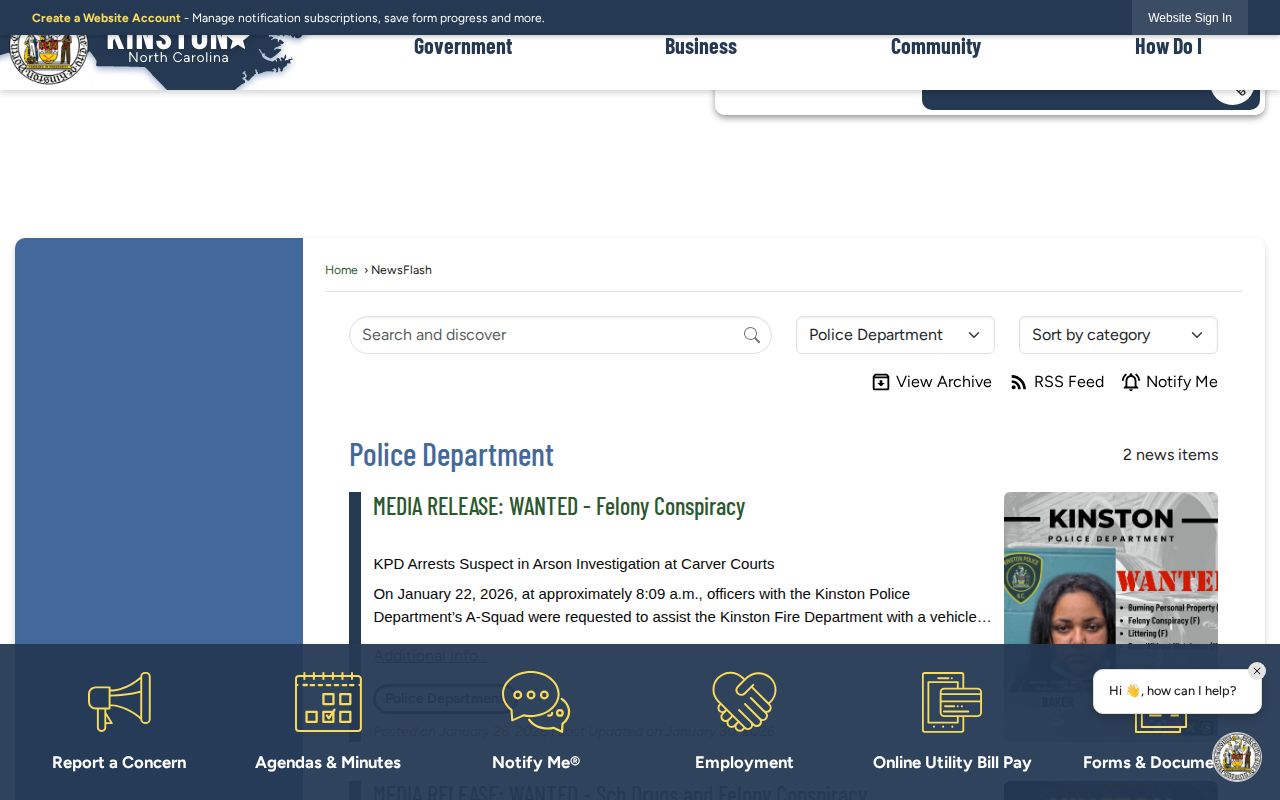 Kinston Police Department official arrest and newsflash reference