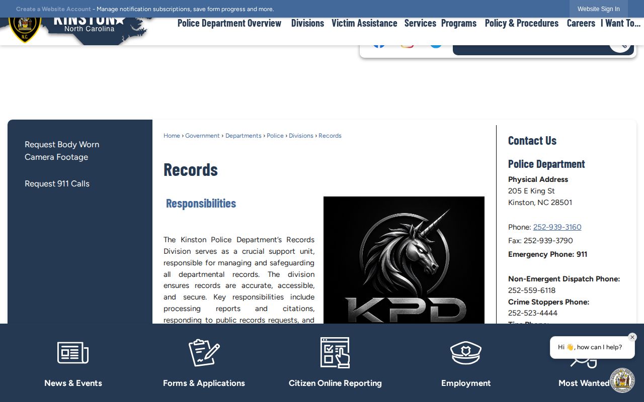 Kinston Police Department official records division information