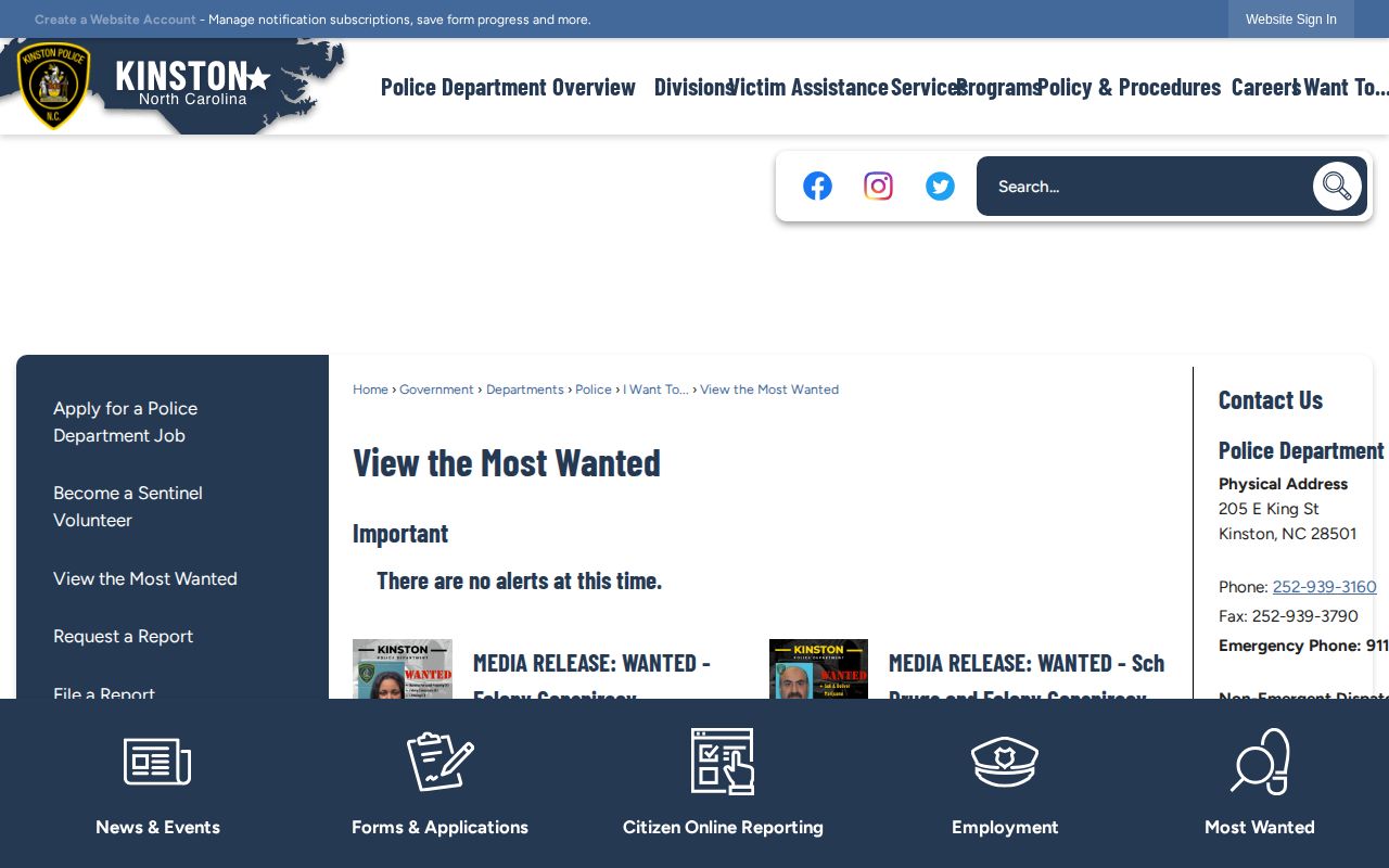 Kinston Police Department official Most Wanted page for Lenoir County wanted records